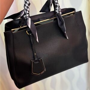 Fendi Black Leather Tote with Gold Trim and Scarf-Wrapped Handles
